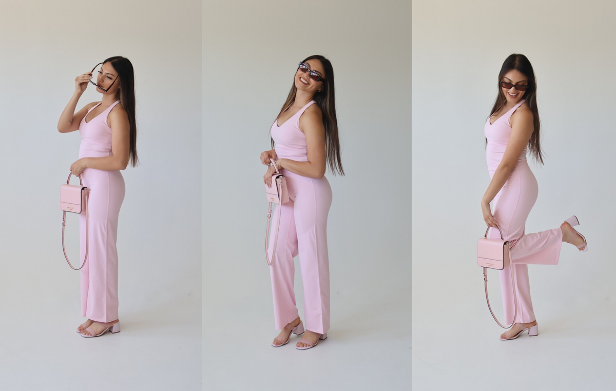 A three-panel photo collage showing a woman modeling a light pink sleeveless jumpsuit from the side, front, and back. She is wearing dark sunglasses and carrying a matching light pink handbag against a plain light gray studio background.